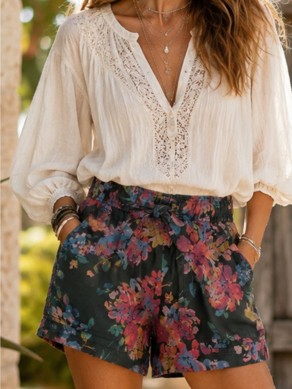 Nicole Miller Black Floral Tie-Waist Shorts